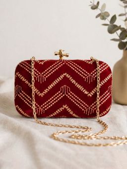 ARTKLIM - Royal Red Velvet Embellished Clutch For Women With Detachable Strap