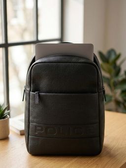Police - Black Medium Size Leather Backpack for Unisex