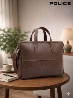 Police - Men Brown Leather 15 Laptop Messenger Briefcase Bag
