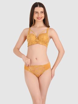 BRACHY - Women Gold Lace Heavily Padded Push Up Bra with Panty (Set of 2)