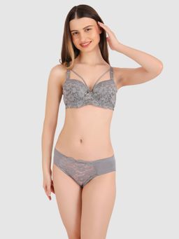 BRACHY - Women Grey Lace Heavily Padded Push Up Bra with Panty (Set of 2)