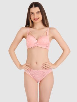 BRACHY - Women Peach Lace Heavily Padded Push Up Bra with Panty (Set of 2)