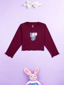 KiddoPanti - Girls Wine Bunny and Bow Applique Crop Top