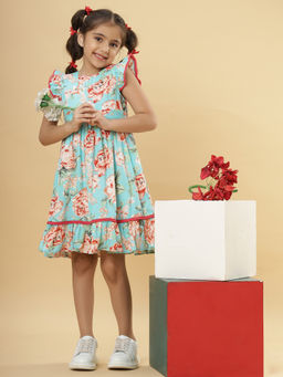 TeenTrums - Ishki Pushki Girls Aqua Pom Pom Printed Dress