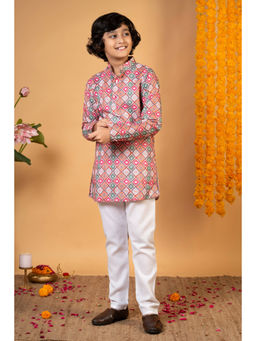 BT DEZINES - Boys Multi-Color Cotton Blend Diamond Motifs Printed Kurta & Pyjama