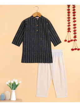 The Magic Wand - Navy Blue Cambric Cotton Full Sleeves Printed Kurta & Pyjama