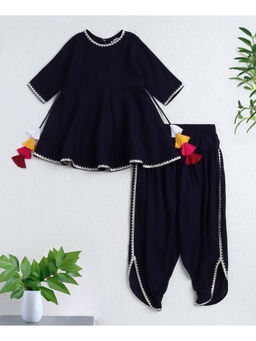The Magic Wand - Navy Blue Rayon Woven Elbow Sleeves Solid Anarkali Kurta & Dhoti