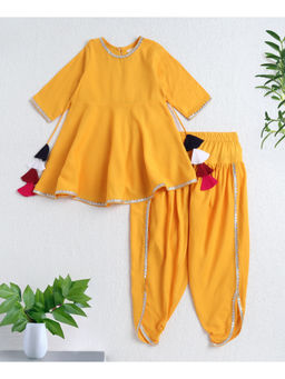 The Magic Wand - Yellow Rayon Woven Elbow Sleeves Solid Anarkali Kurta & Dhoti