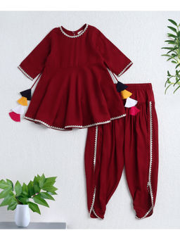 The Magic Wand - Maroon Rayon Woven Elbow Sleeves Solid Anarkali Kurta & Dhoti