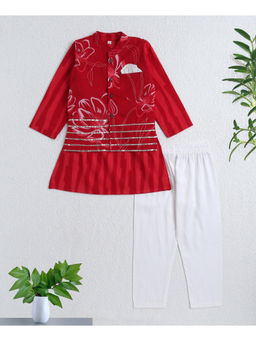 The Magic Wand - Red Cambric Cotton Printed Kurta Pyjama with Modi Jacket