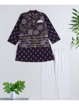 The Magic Wand - Purple Cambric Cotton Printed Kurta Pyjama with Nehru Jacket