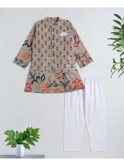 The Magic Wand - Beige Cambric Cotton Floral Lace Printed Kurta Pyjama with Modi Jacket