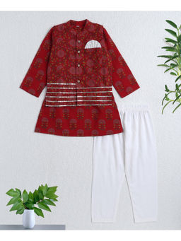 The Magic Wand - Maroon Cambric Cotton Floral Printed Kurta Pyjama with Nehru Jacket
