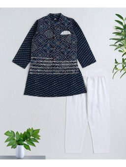 The Magic Wand - Navy Blue Cambric Cotton Floral Printed Kurta Pyjama with Modi Jacket