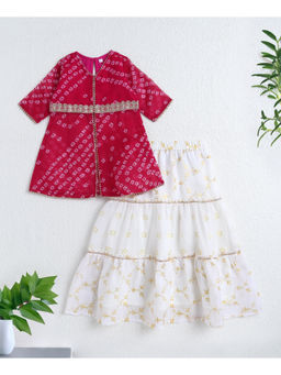 The Magic Wand - Pink Elbow Sleeves Bandhani Printed Top with Foil Lehenga