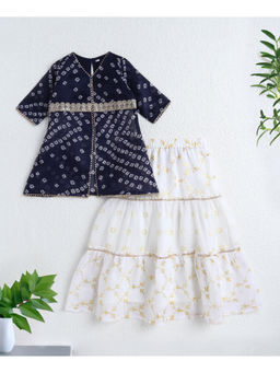 The Magic Wand - Navy Blue Elbow Sleeves Bandhani Printed Top with Foil Lehenga