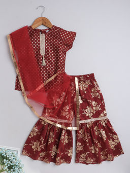 The Magic Wand - Maroon Foil Printed Lace Embellished Kurti Sharara with Dupatta