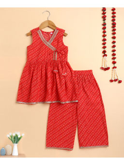 The Magic Wand - Red Cambric Cotton Sleeveless Leheriya Printed Kurta & Palazzo