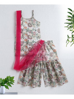 The Magic Wand - White Strappy Floral Foil Printed Kurta & Sharara with Dupatta