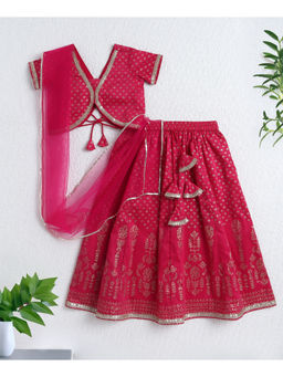 The Magic Wand - Pink Half Sleeves Foil Printed Choli and Lehenga with Dupatta