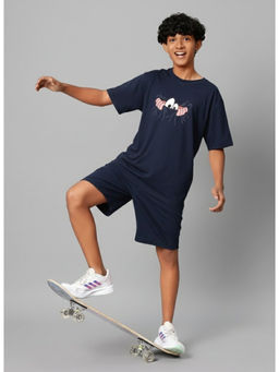 TeenTrums - Boys Navy Blue Graphic Printed T-Shirt and Shorts