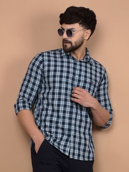 CRIMSOUNE CLUB - Men Blue Checked 100% Cotton Shirt