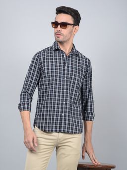 CRIMSOUNE CLUB - Men Blue Checked 100% Cotton Shirt