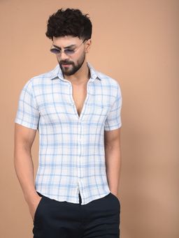 CRIMSOUNE CLUB - Men Blue Checked 100% Cotton Shirt