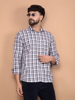 CRIMSOUNE CLUB - Men White Checked 100% Cotton Shirt