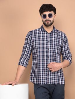 CRIMSOUNE CLUB - Men Navy Blue Checked 100% Cotton Shirt