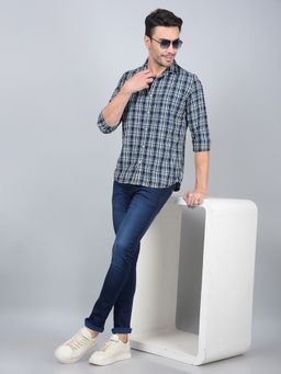 CRIMSOUNE CLUB - Men Blue Checked 100% Cotton Shirt
