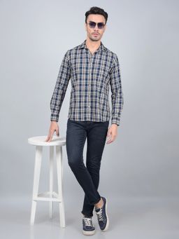 CRIMSOUNE CLUB - Men Beige Checked 100% Cotton Shirt