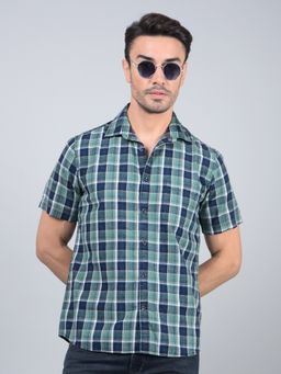 CRIMSOUNE CLUB - Men Green Checked 100% Cotton Shirt