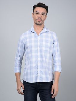 CRIMSOUNE CLUB - Men Blue Checked 100% Cotton Shirt