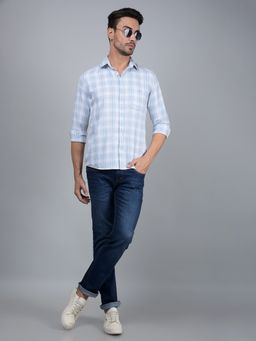 CRIMSOUNE CLUB - Men Blue Checked 100% Cotton Shirt