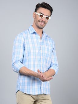 CRIMSOUNE CLUB - Men Blue Checked 100% Cotton Shirt
