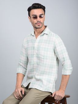 CRIMSOUNE CLUB - Men Green Checked 100% Cotton Shirt