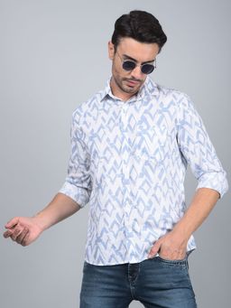 CRIMSOUNE CLUB - Men Blue Printed 100% Cotton Shirt