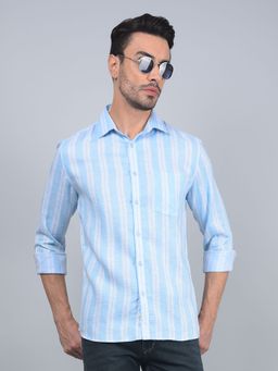 CRIMSOUNE CLUB - Men Blue Vertical Stripes 100% Cotton Shirt