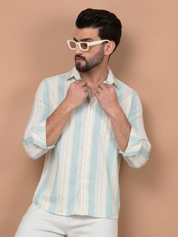 CRIMSOUNE CLUB - Men Green Vertical Stripes 100% Cotton Shirt