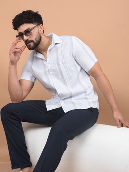 CRIMSOUNE CLUB - Men Blue Vertical Stripes 100% Cotton Shirt