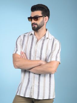 CRIMSOUNE CLUB - Men Beige Vertical Stripes Linen Shirt