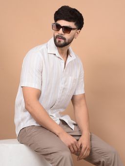 CRIMSOUNE CLUB - Men Beige Vertical Stripes Linen Shirt