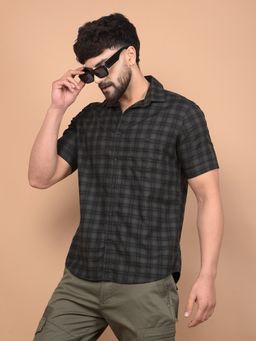 CRIMSOUNE CLUB - Men Olive Checked 100% Cotton Shirt