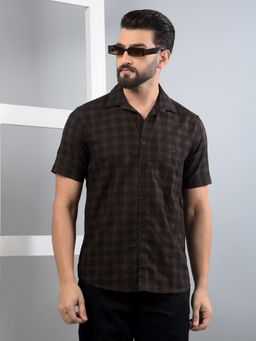 CRIMSOUNE CLUB - Men Brown Checked 100% Cotton Shirt