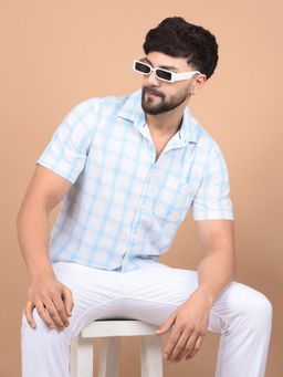 CRIMSOUNE CLUB - Men Blue Checked Linen Shirt