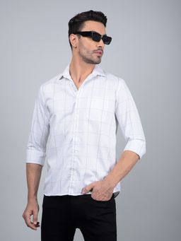 CRIMSOUNE CLUB - Men White Checked 100% Cotton Shirt