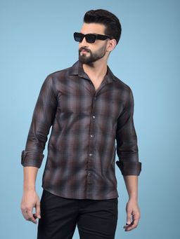 CRIMSOUNE CLUB - Men Brown Checked 100% Cotton Shirt