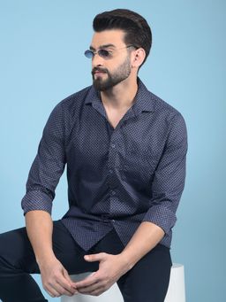 CRIMSOUNE CLUB - Men Navy Blue Printed Cotton Shirt