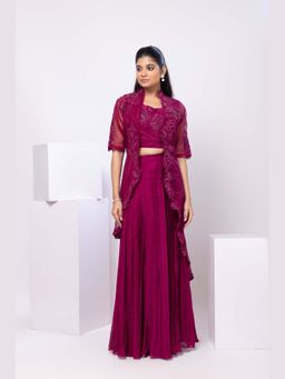 SMRITI - Magenta Crop Top with Pleated Skirt and Cape